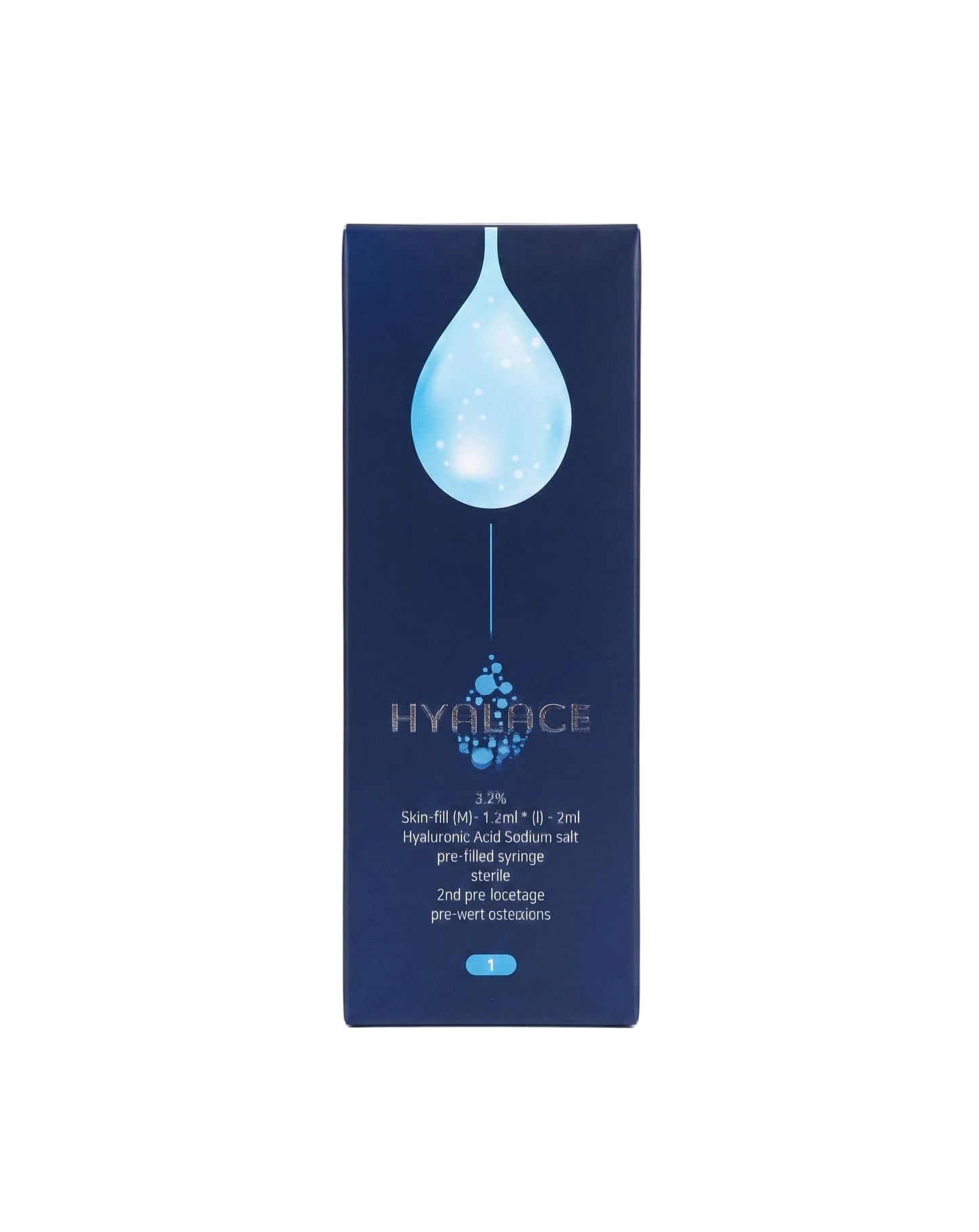 A tall, dark blue rectangular box for Hyalace skin filler, featuring a light blue teardrop graphic and white text, set against a plain white background.