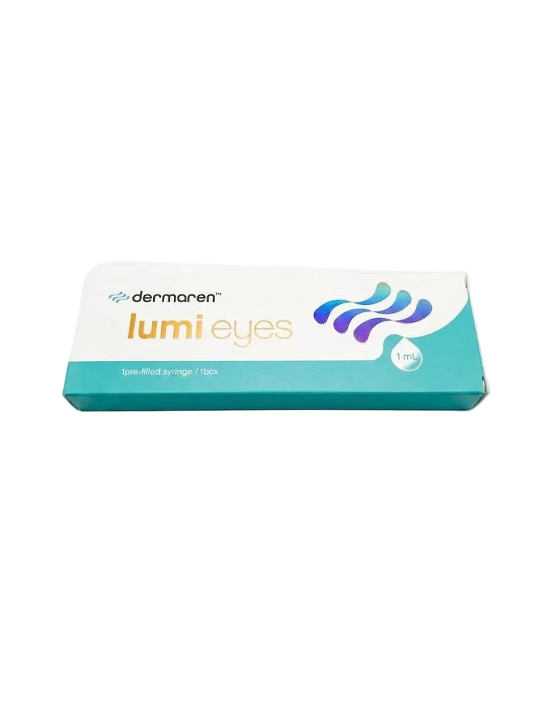 A box of dermaren Lumi Eyes 1mg spade-filled syringes, featuring a white and teal design with a blue and purple wave graphic, set against a plain white background.