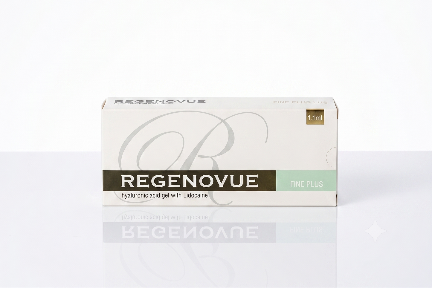 Regenovue OTC Plus hyaluronic acid gel with lidocaine product box, featuring a white and dark brown design with a light green accent block, set against a clean white background with a soft reflection.