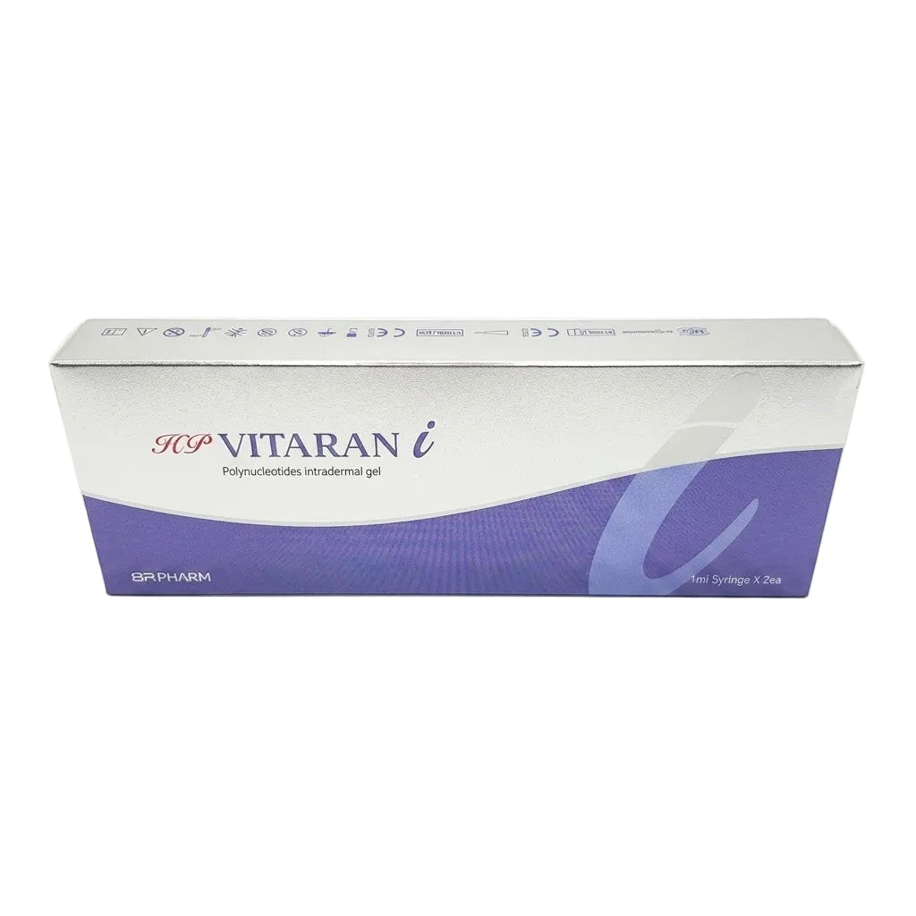 A rectangular box of HCP VITARAN i intradermal gel, featuring a white and purple design with a wavy pattern, photographed on a seamless white background.