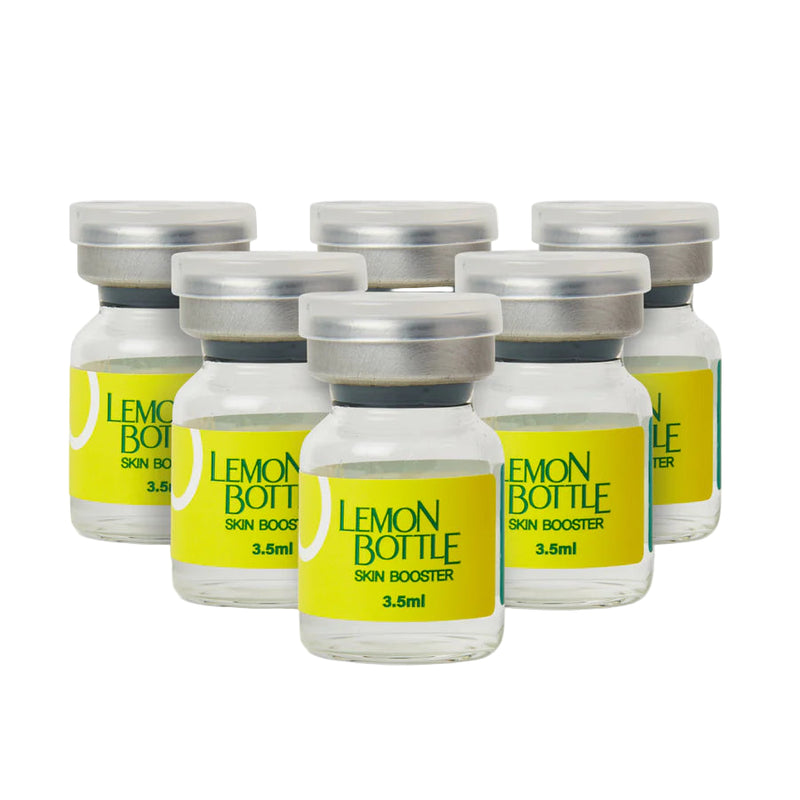 Six bottles of Lemon Bottle Skin Booster on a white background
