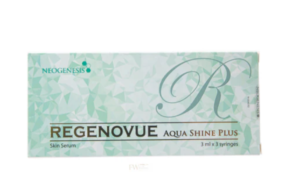 A rectangular product box for Neogenesis Regenovue Aqua Shine Plus skin serum, featuring a light mint green and white geometric pattern with a large stylized 'R' and black and green text.