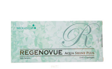 A rectangular product box for Neogenesis Regenovue Aqua Shine Plus skin serum, featuring a light mint green and white geometric pattern with a large stylized 'R' and black and green text.