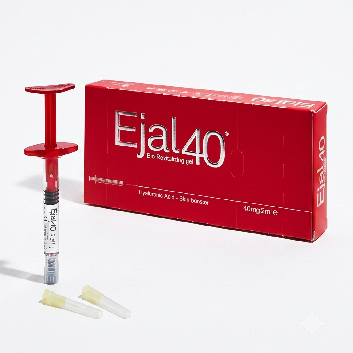 Ejal40 topical gel syringe and packaging box on a clean white studio background. The set includes a red syringe with a clear plunger, two small yellow applicator tips, and a red rectangular box with white Ejal40 branding.