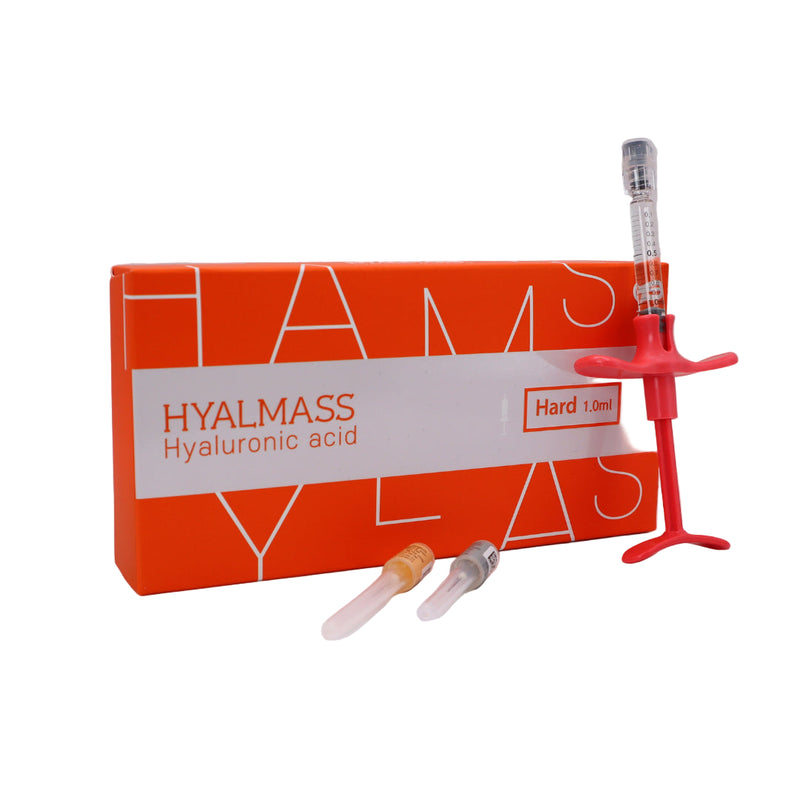 GLAMAS HYALMASS hyaluronic acid product with packaging and syringe on a white background