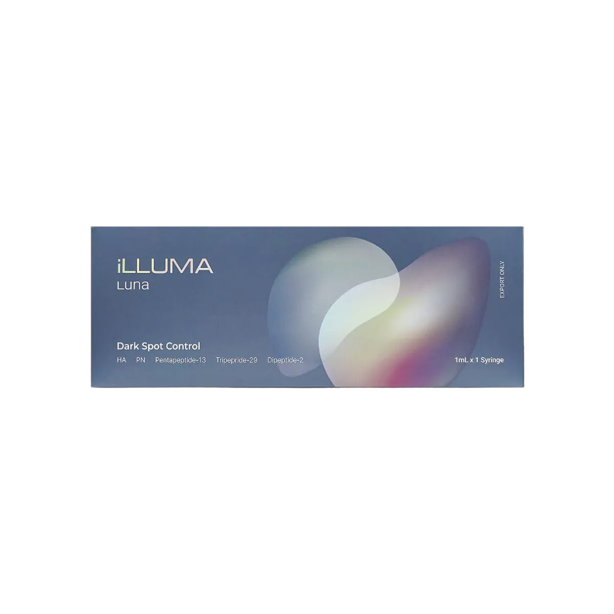 A rectangular box of iLLUMA Luna Dark Spot Control contact lens solution, featuring a slate blue background with abstract white, pink, and purple shapes, set against a light gray background.