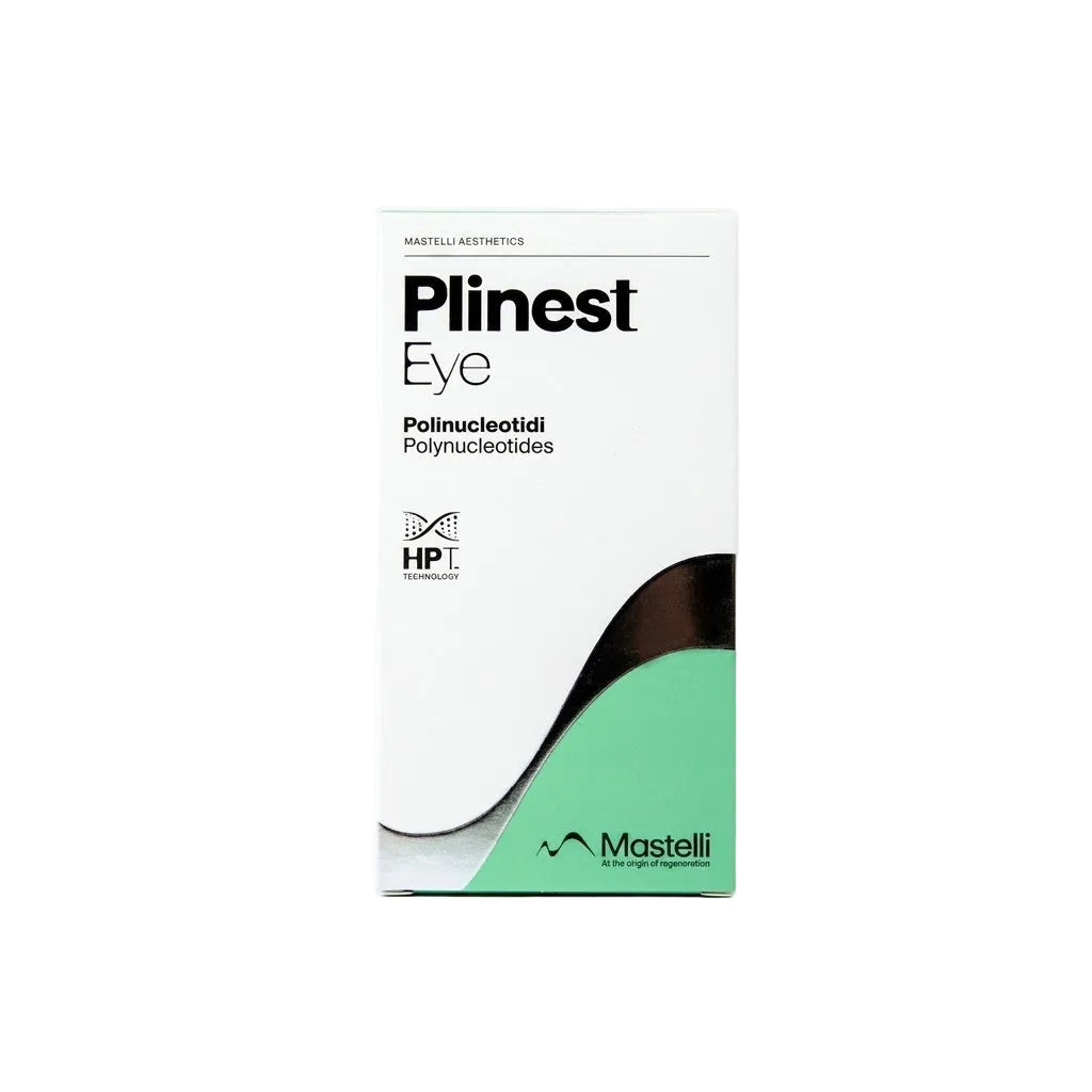 A white rectangular box of Mastelli Aesthetics Plinest Eye polynucleotides, featuring black text and a green and black wave graphic on the lower right, set against a plain white background.