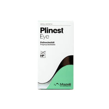A white rectangular box of Mastelli Aesthetics Plinest Eye polynucleotides, featuring black text and a green and black wave graphic on the lower right, set against a plain white background.