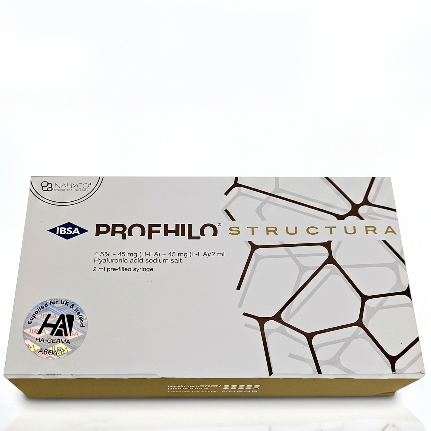 A boxed pharmaceutical product labeled 'PROFILO STRUCTURA' by IBSA, photographed on a clean white studio surface with a soft reflection below. The box is predominantly white with gold and dark gray/black printed graphics and text.