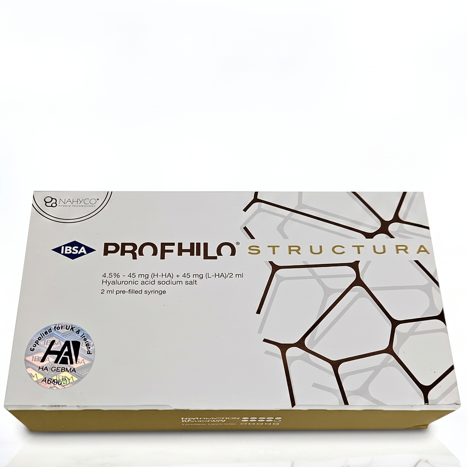 A boxed pharmaceutical product labeled 'PROFILO STRUCTURA' by IBSA, photographed on a clean white studio surface with a soft reflection below. The box is predominantly white with gold and dark gray/black printed graphics and text.