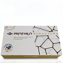 A boxed pharmaceutical product labeled 'PROFILO STRUCTURA' by IBSA, photographed on a clean white studio surface with a soft reflection below. The box is predominantly white with gold and dark gray/black printed graphics and text.