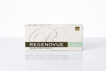 Regenovue OTC Plus hyaluronic acid gel with lidocaine product box, featuring a white and dark brown design with a light green accent block, set against a clean white background with a soft reflection.