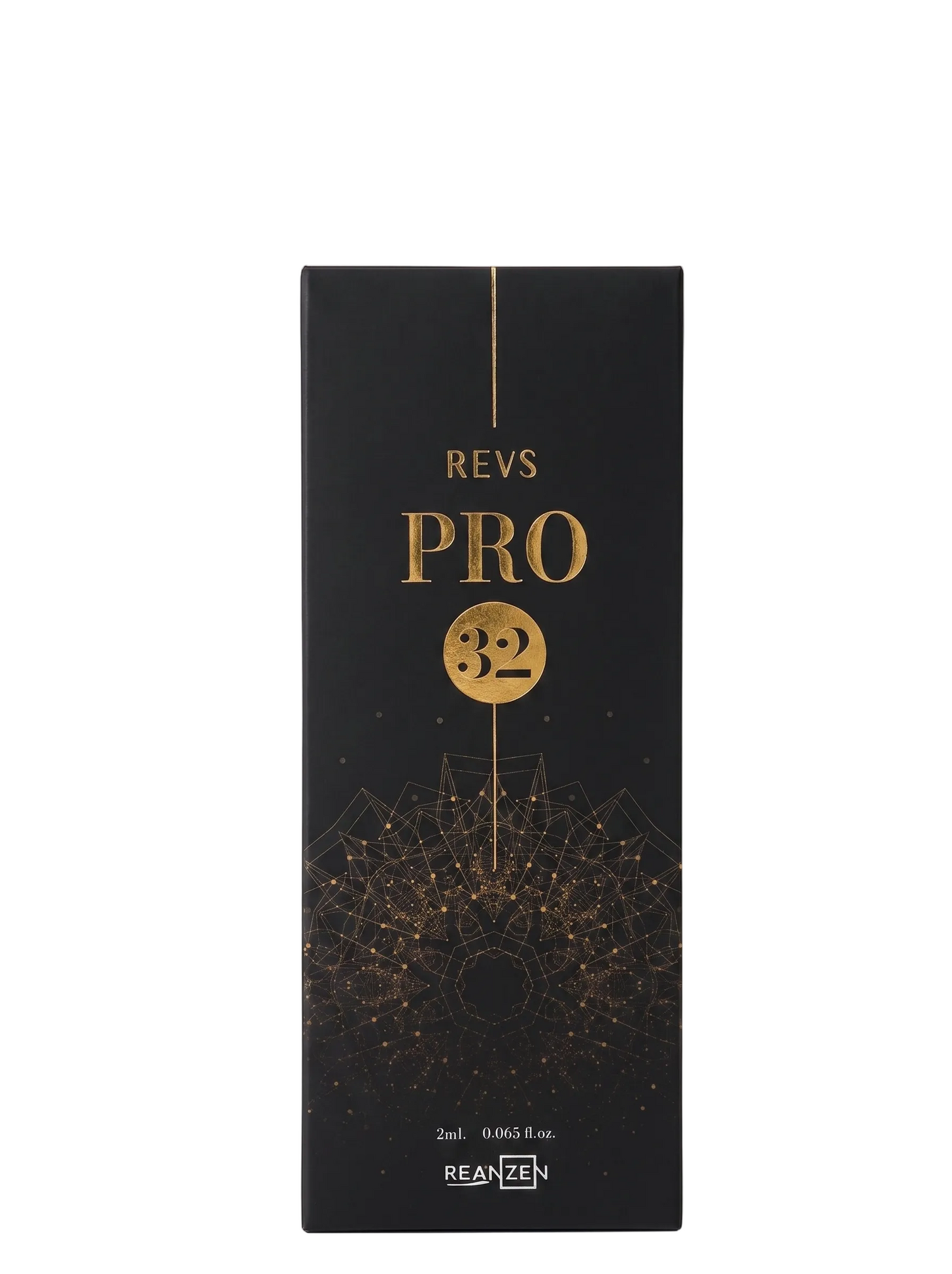 A tall, narrow black product box with gold lettering reading 'REVS PRO 32' and a gold circular emblem, plus a subtle geometric mandala-like pattern near the bottom, shown on a plain white background.