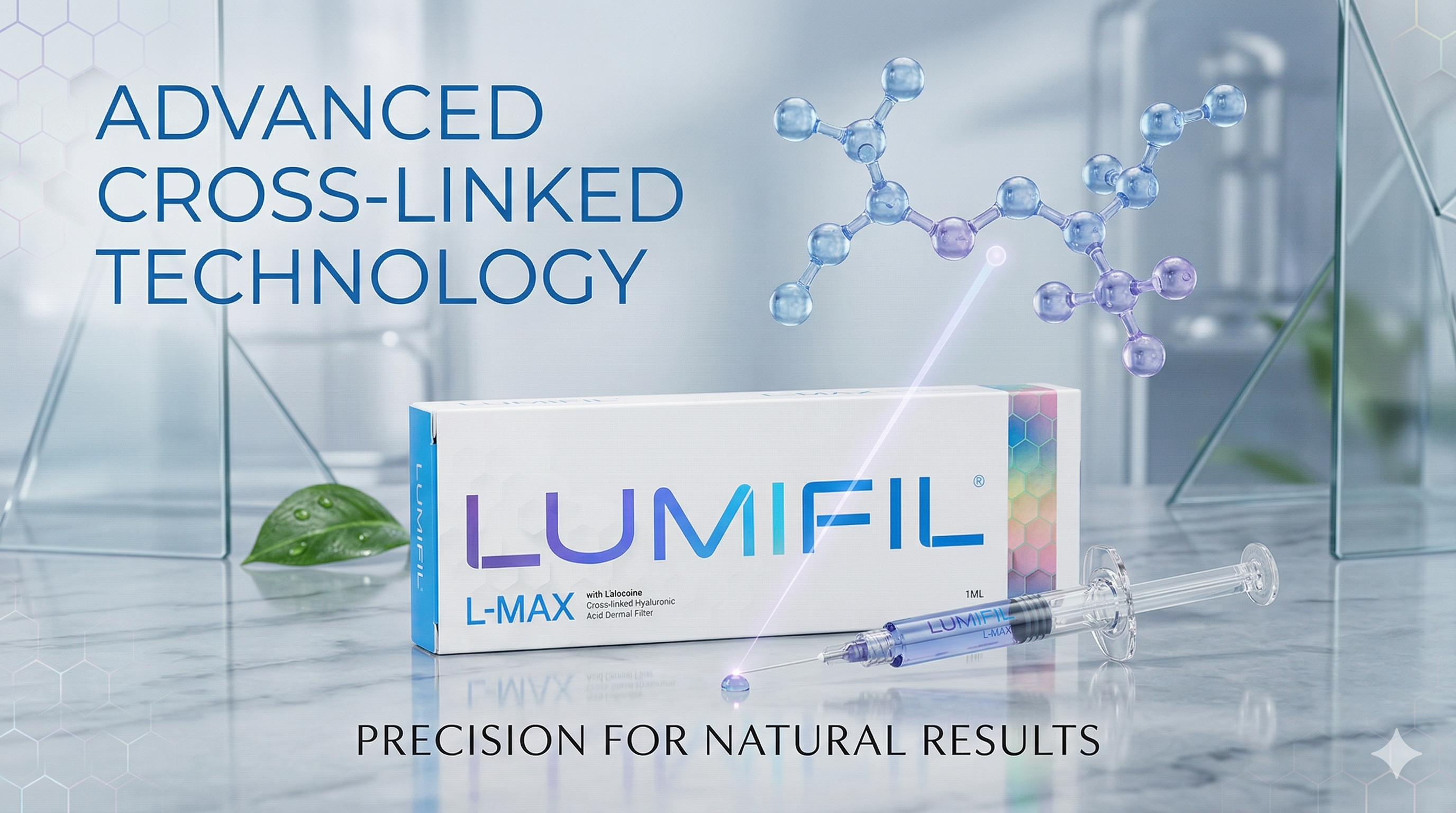 LUMIFIL L-MAX packaging with syringe on a glass surface background