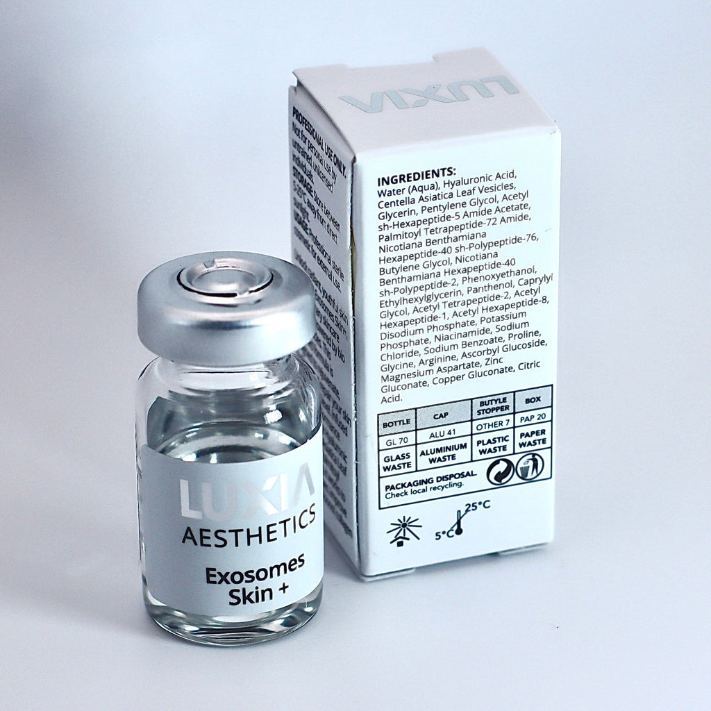 LUXIA Exosomes Skin+ 1 x 5ml bottle next to box