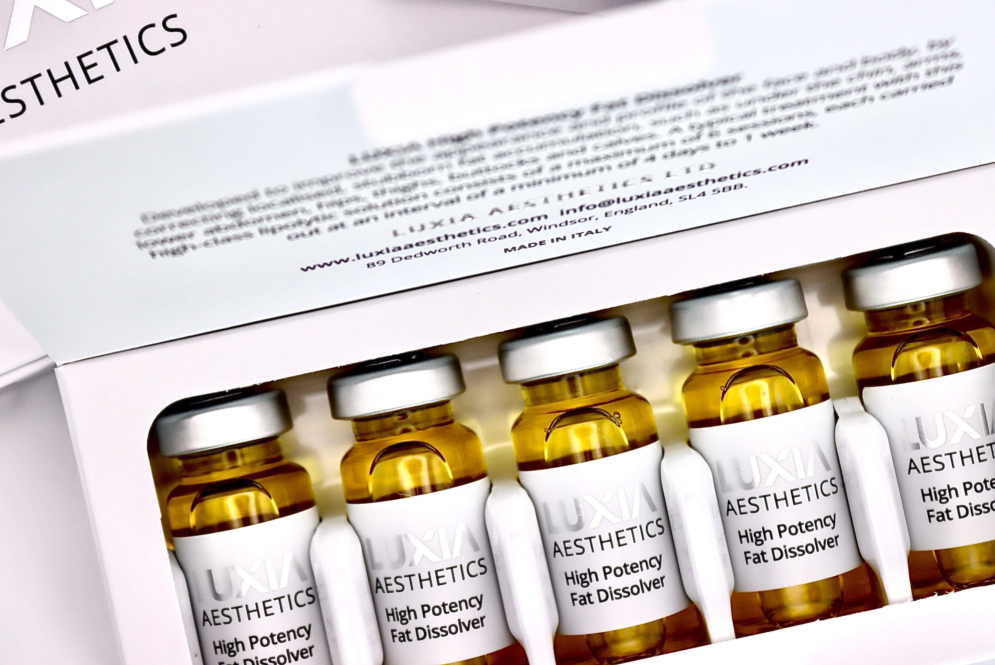 LUXIA Fat Dissolver 5 x 10ml close up of fat dissolver bottle liquid