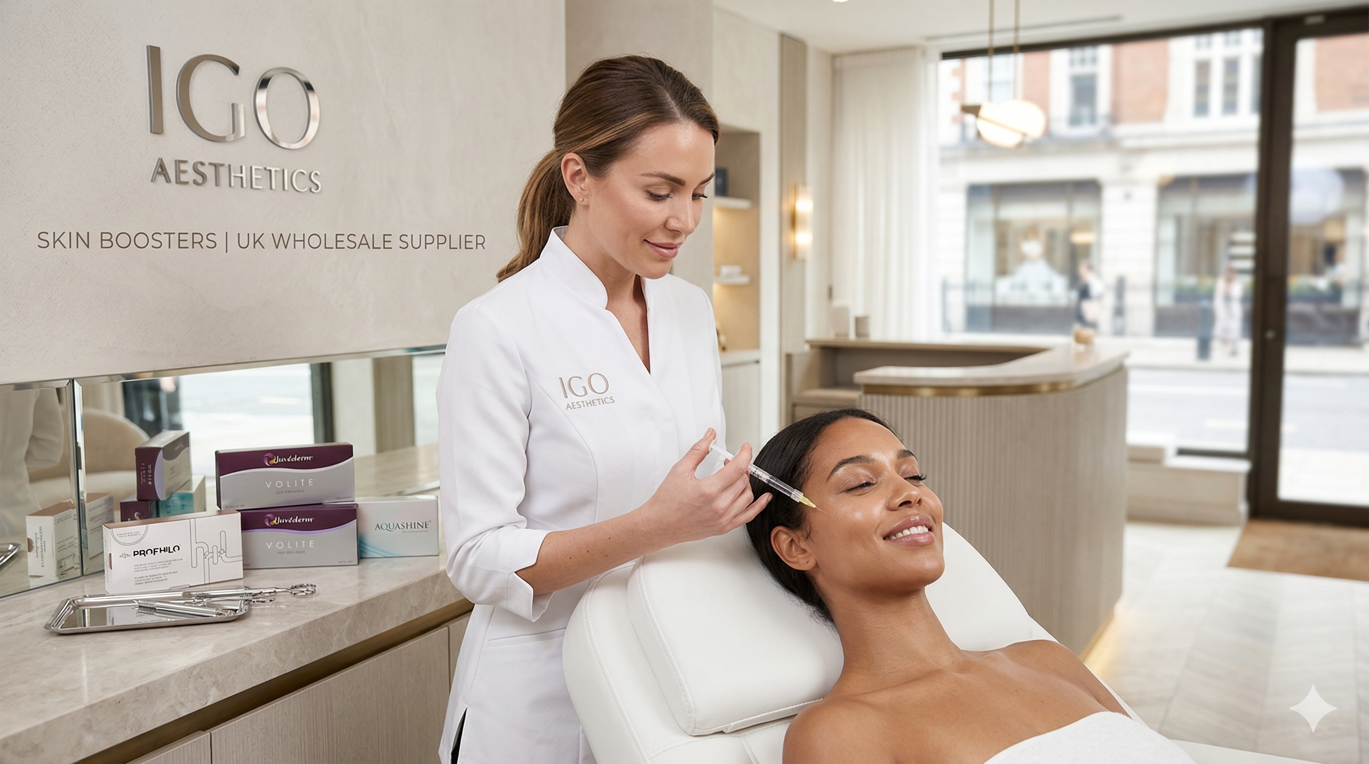 Woman receiving a cosmetic procedure in a salon with IGO Aesthetics branding.