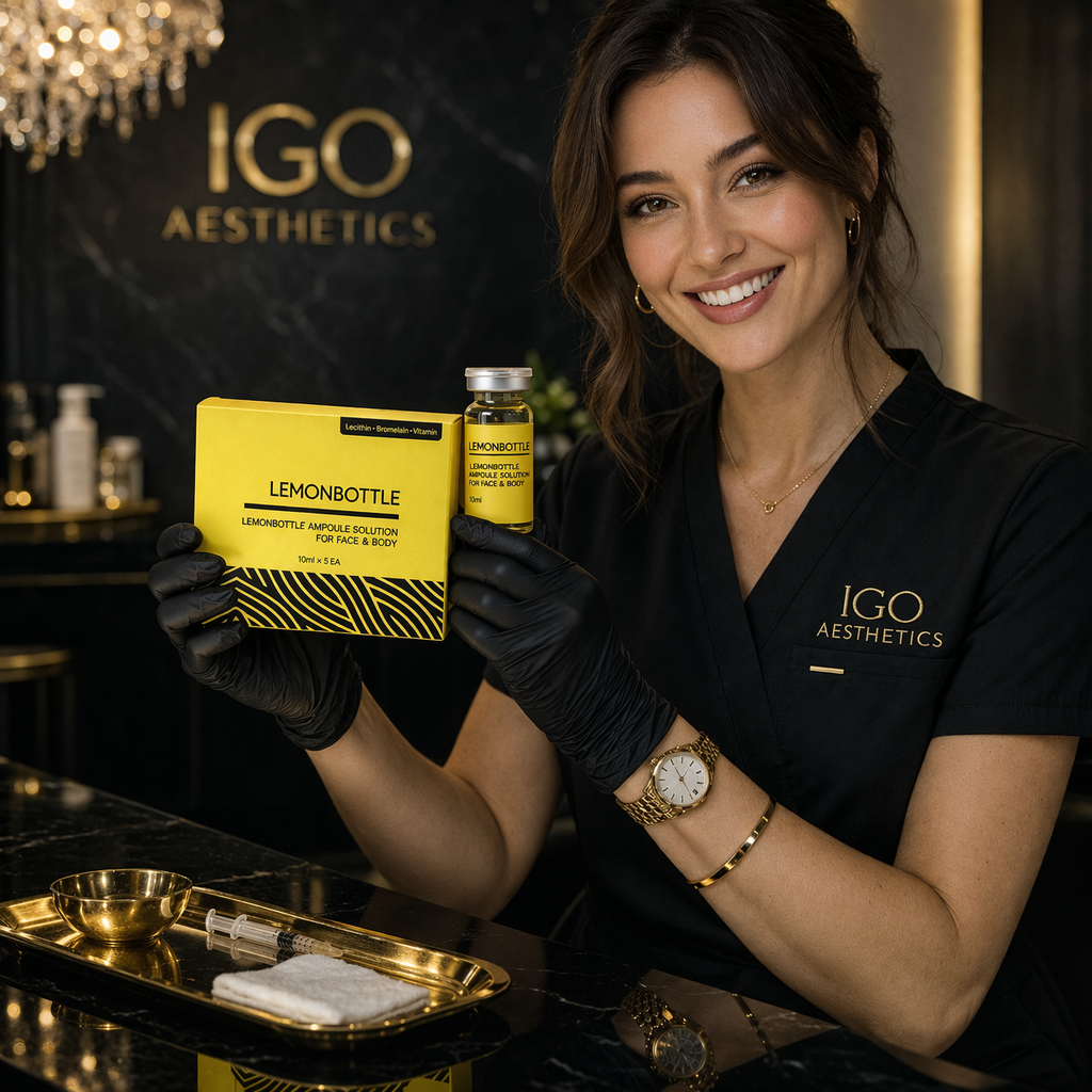 Woman in black gloves holding a yellow bottle and box with 'IGO Aesthetics' branding.